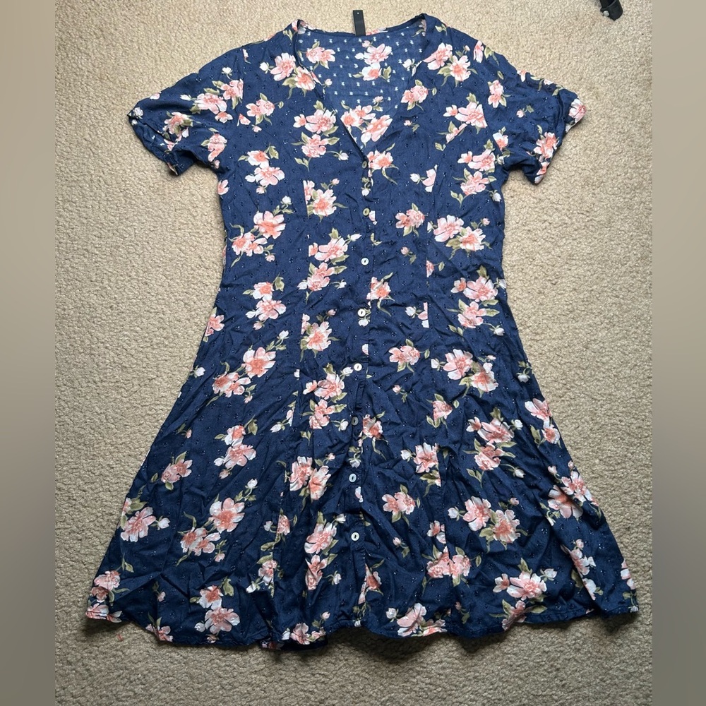 Yas Floral Navy Mini Button Down Dress Medium